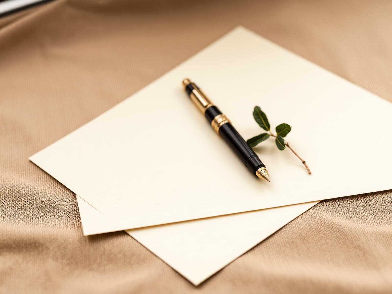 Fountain pen on cream stationery with sage sprig